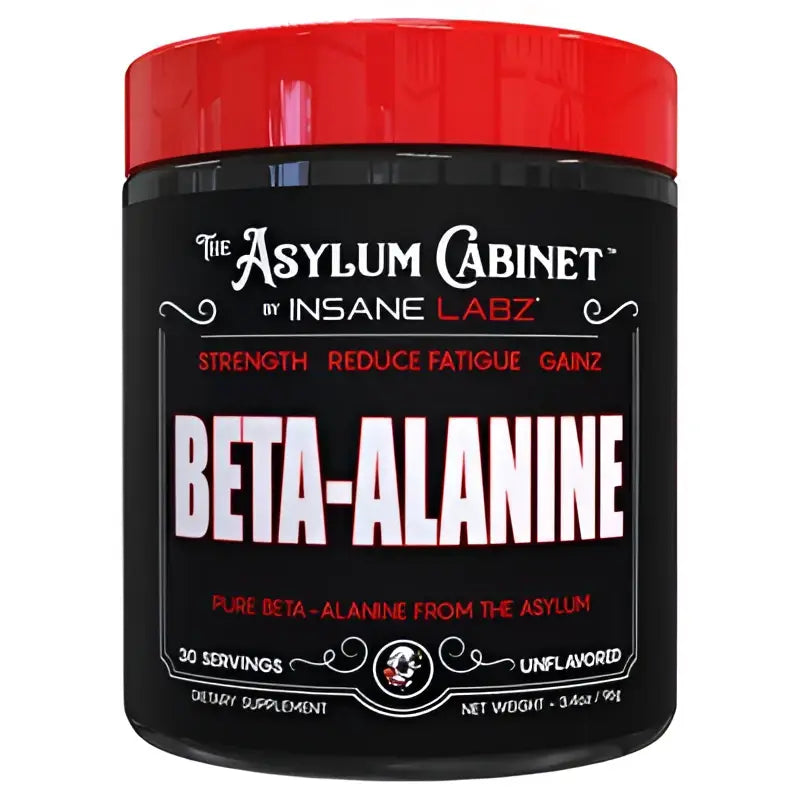 Envase cilíndrico negro con tapa roja etiquetado beta alanina de insane labz para aminoácidos eficazs